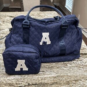Navy Quilted Girls Duffle Bag Set with monogrammed A. Like new